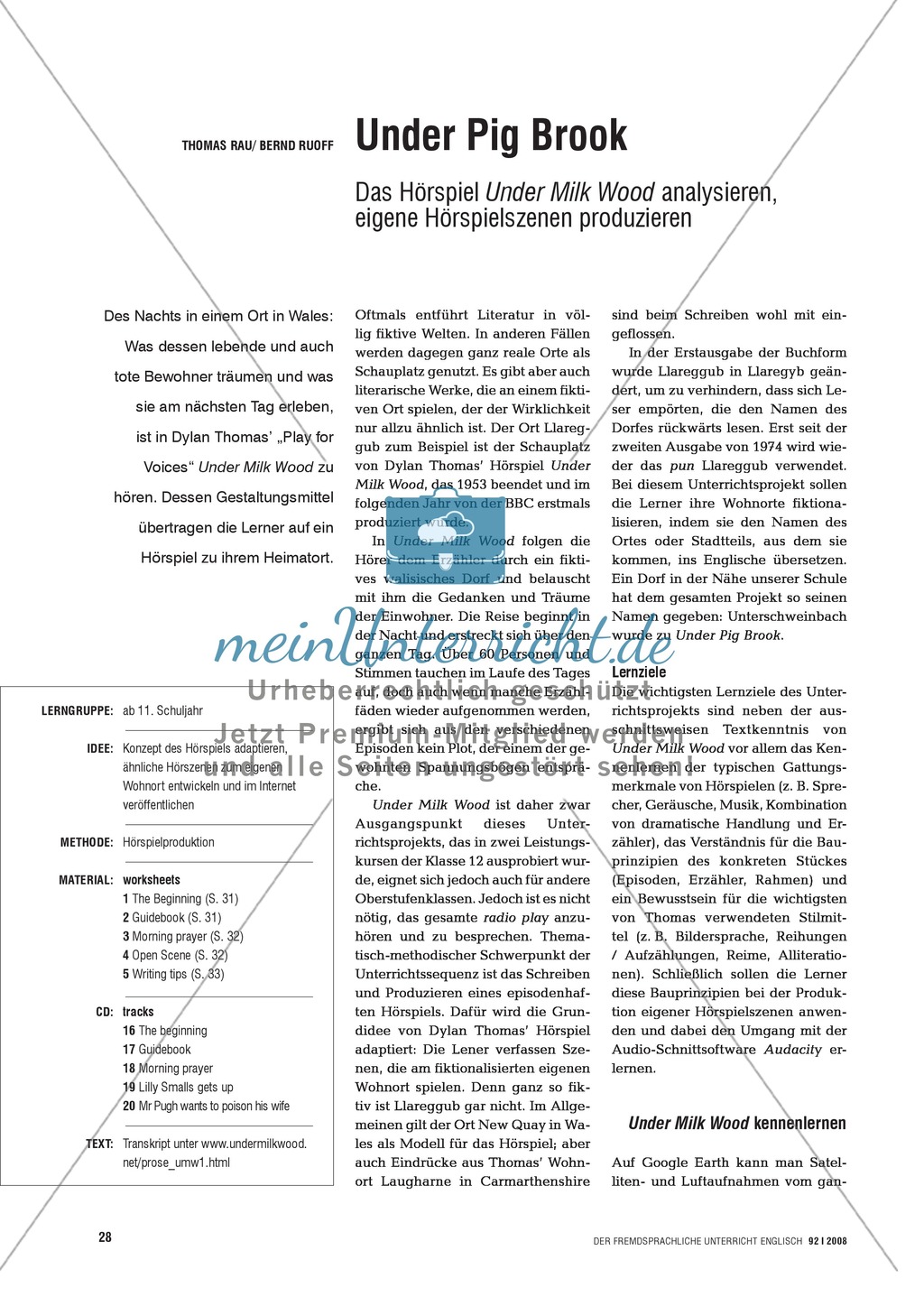 Under Pig Brook. Das Hörspiel 'Under Milk Wood' analysieren, eigene Hörspielszenen produzieren: Praxisartikel Preview 1