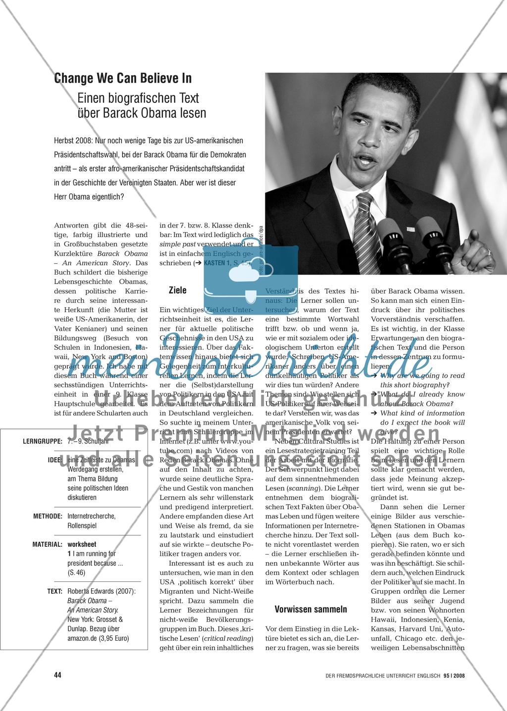 Change We Can Believe In - Einen biografischen Text über Barack Obama lesen Preview 1