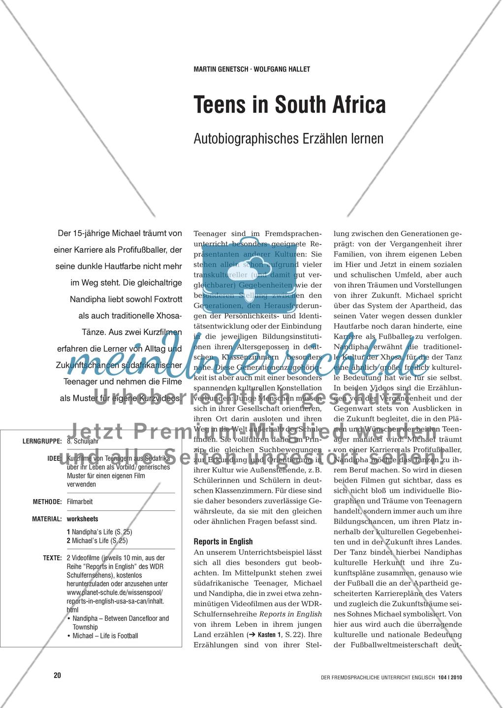 Teens in South Africa - Autobiographisches Erzählen lernen Preview 1