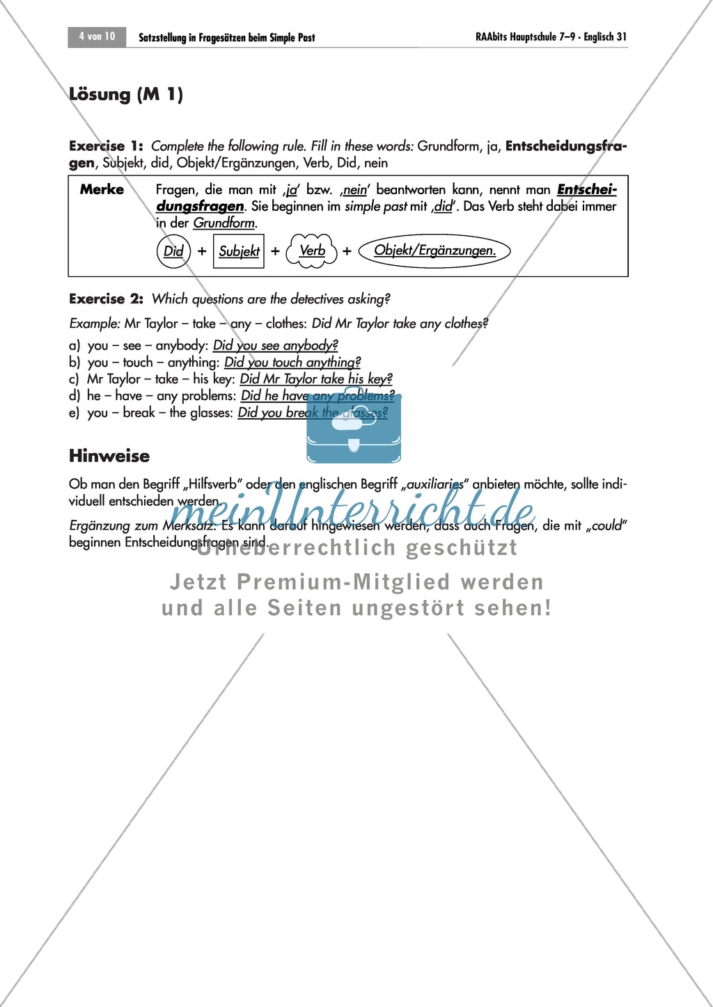 Aufbau von Entscheidungsfragen im Englischen. Mit Schema, Lösungen und Hinweisen. Preview 2
