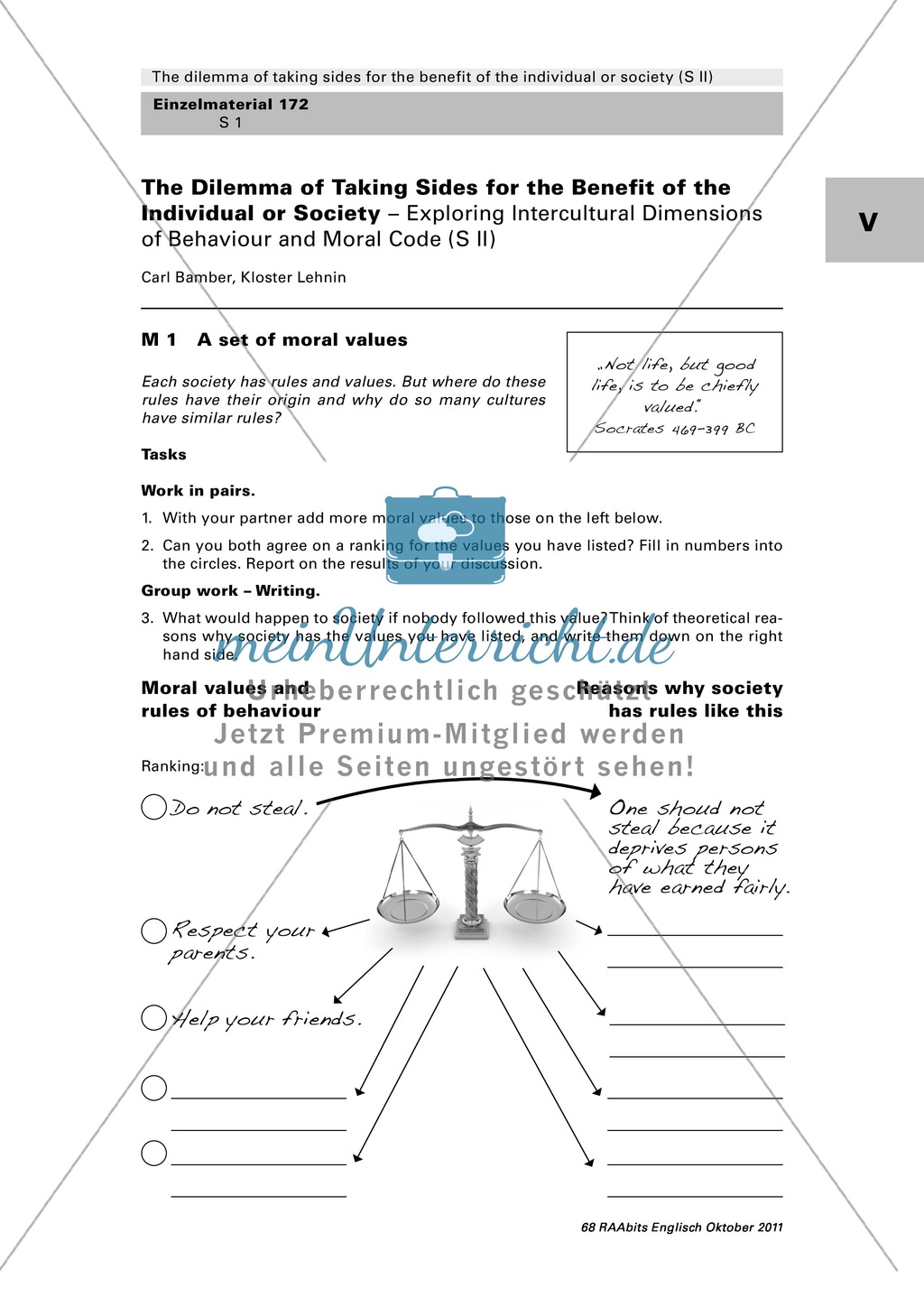A set of moral values: worksheet with commentary Preview 1