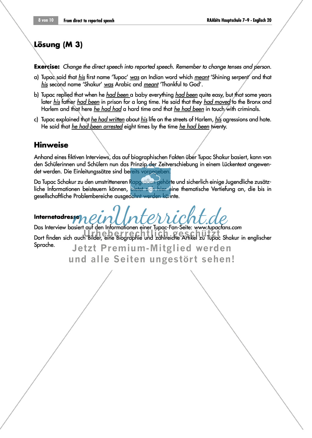 Reported speech: An interview with Tupac Shakur. Eine Übung zur indirekten Rede. Mit Lückentext, Lösungen und Hinweisen. Preview 2