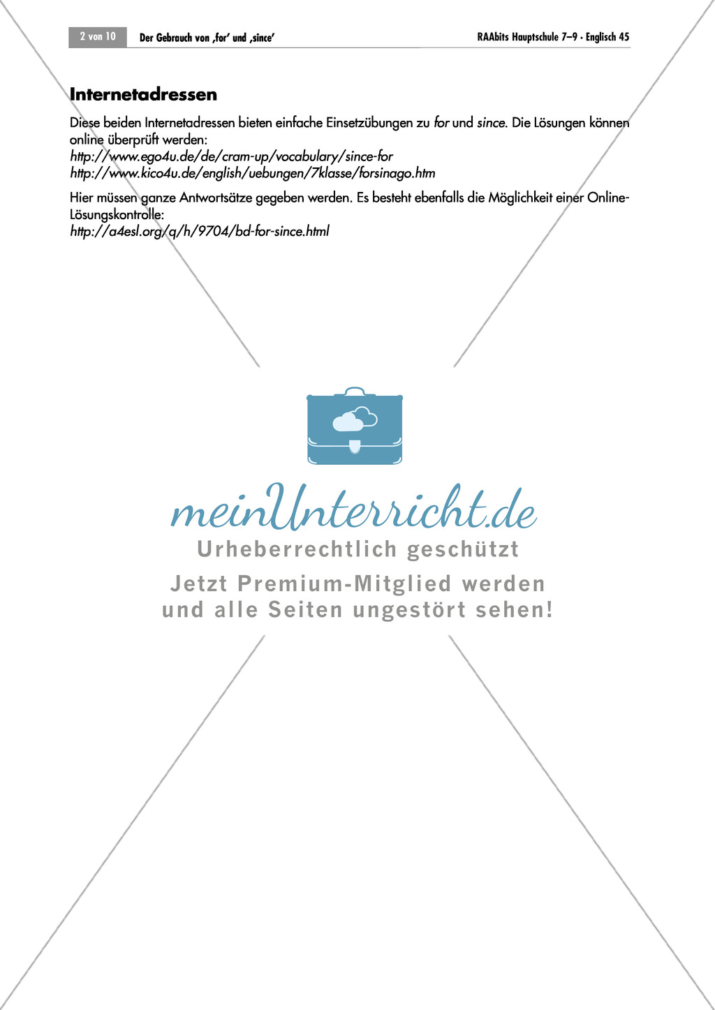 Übungen zum Gebrauch von "for" und "since" für "seit" + Lösungen Preview 1