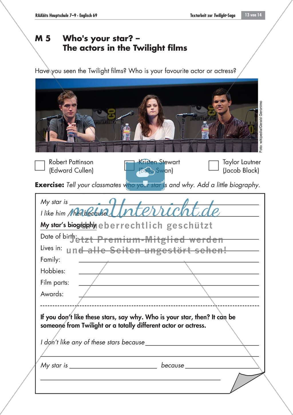 Who's your star? The actors in the Twilight films: worksheet Preview 1
