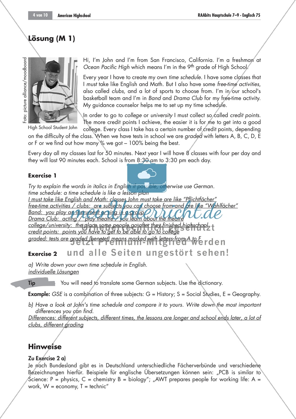 American High School: getting to know the system and comparing it to Germany; worksheets and explanations Preview 2