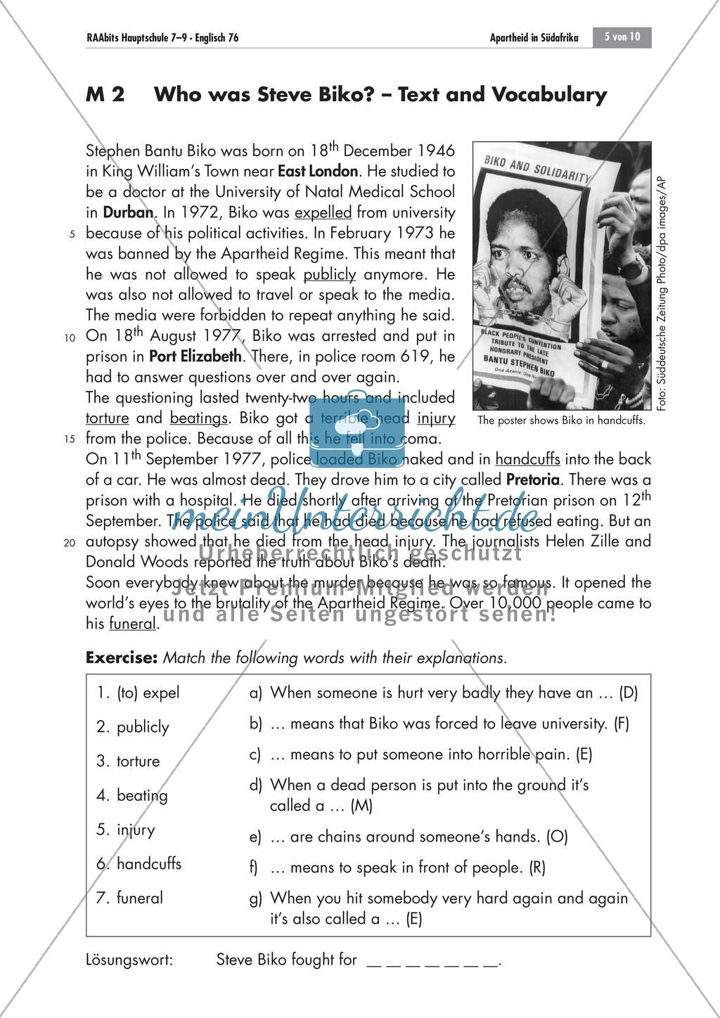 Apartheid South Africa: Steve Biko's story; worksheets and explanations Preview 1