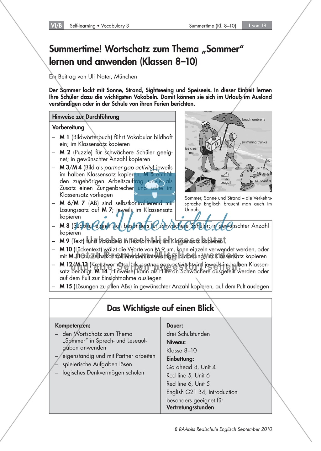 Summertime: Wortschatz zum Thema Sommer und Strand. Enthält eine Grafik und didaktische Erläuterungen. Preview 1
