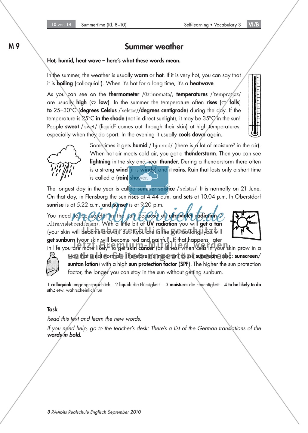 Summertime and "Summer weather": Vokabeln in Textform, Lückentext als Tagebucheintrag zum Thema Sommer. Mit didaktischen Erläuterungen, Lösungen und Hilfen für Schüler Preview 2