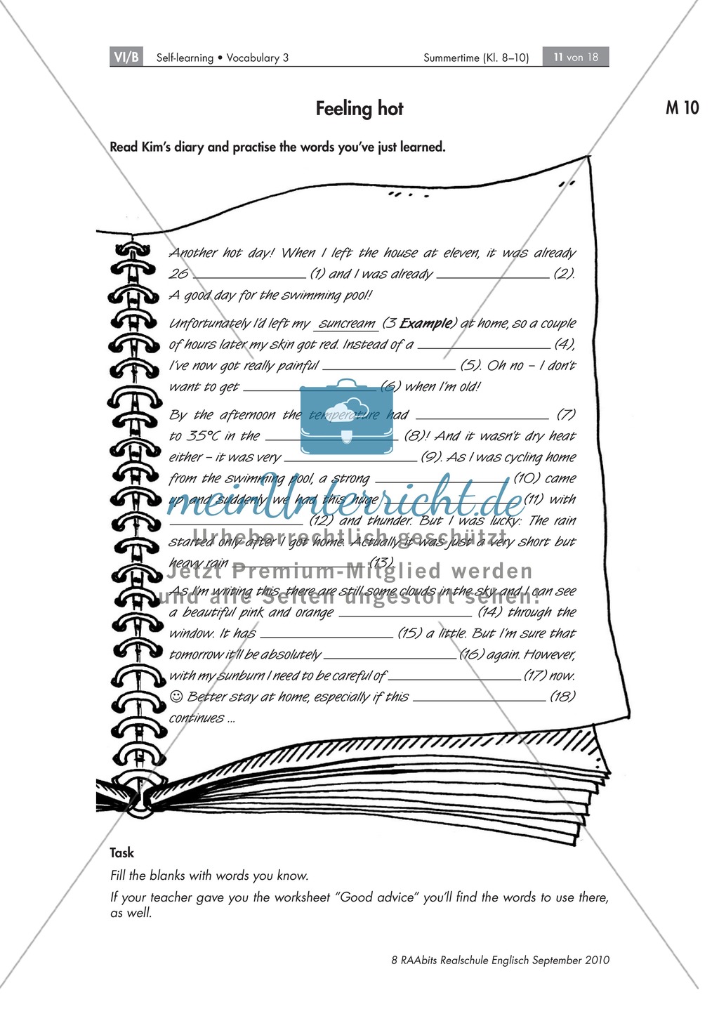 Summertime and "Summer weather": Vokabeln in Textform, Lückentext als Tagebucheintrag zum Thema Sommer. Mit didaktischen Erläuterungen, Lösungen und Hilfen für Schüler Preview 3