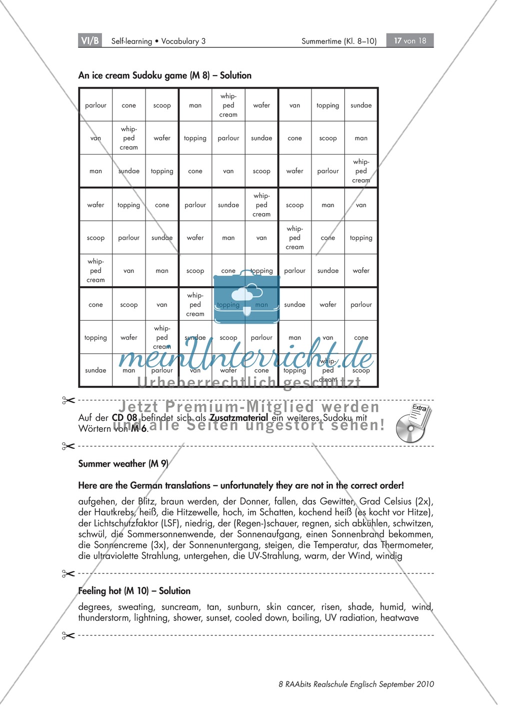 Summertime and "Summer weather": Vokabeln in Textform, Lückentext als Tagebucheintrag zum Thema Sommer. Mit didaktischen Erläuterungen, Lösungen und Hilfen für Schüler Preview 5