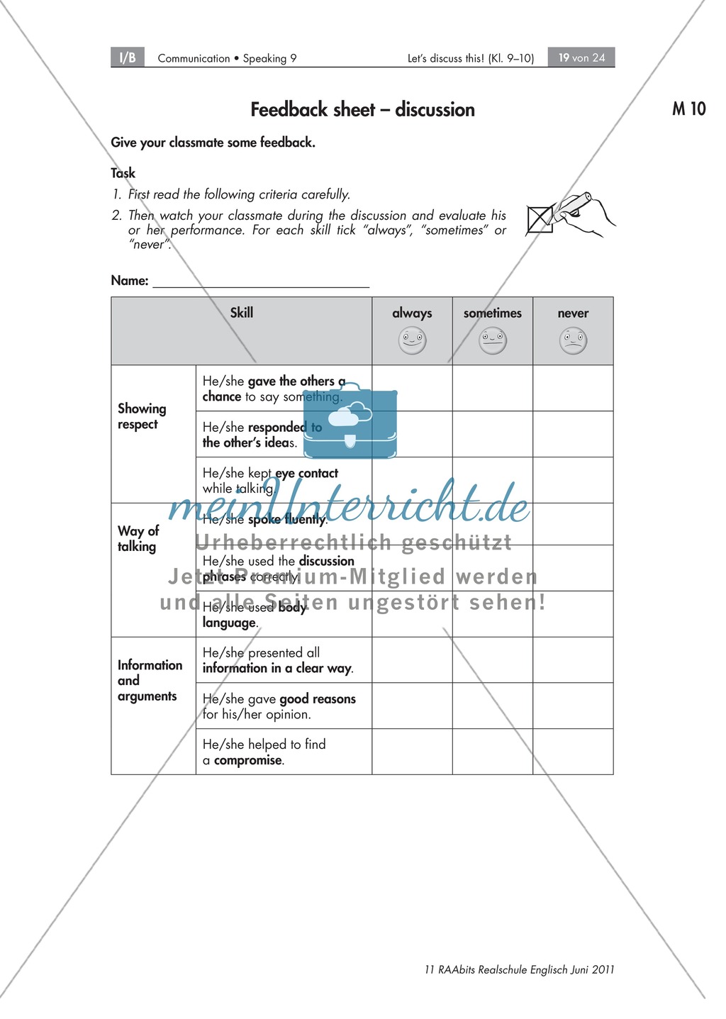 Arbeitsblätter zum Einschätzen der persönlichen Diskussionskompetenz und sowie der Diskussionsfähigkeiten der Mitschüler Preview 2
