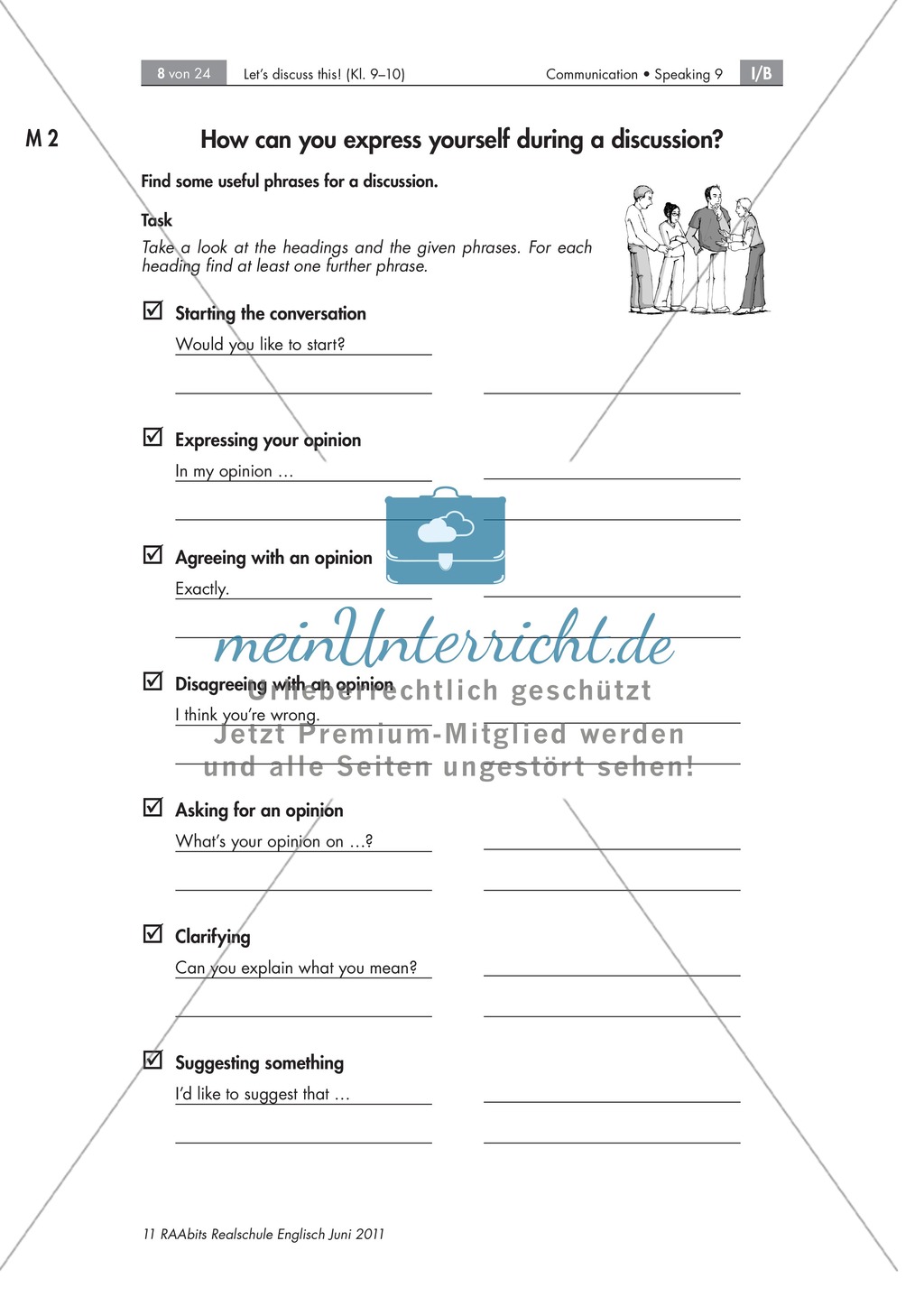Redemittel für Diskussionen, enthält eine Aufgabe zum Eigenständigen Finden relevanter Ausdrucksweisen sowie eine Übersicht über notwendige Redemittel für eine Diskussion Preview 1