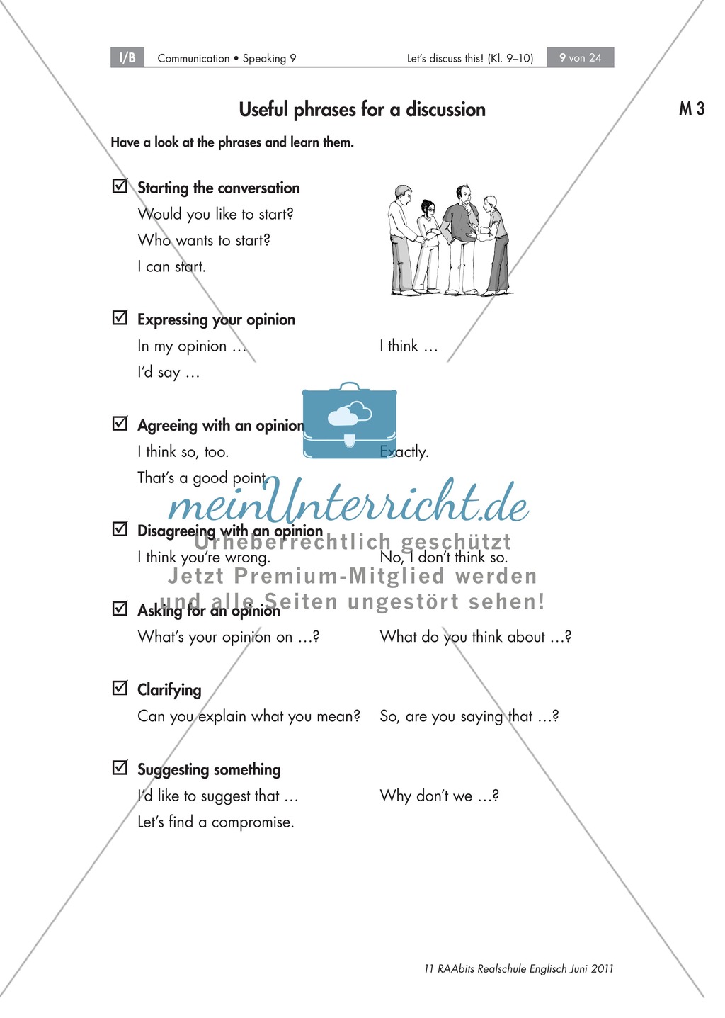 Redemittel für Diskussionen, enthält eine Aufgabe zum Eigenständigen Finden relevanter Ausdrucksweisen sowie eine Übersicht über notwendige Redemittel für eine Diskussion Preview 2