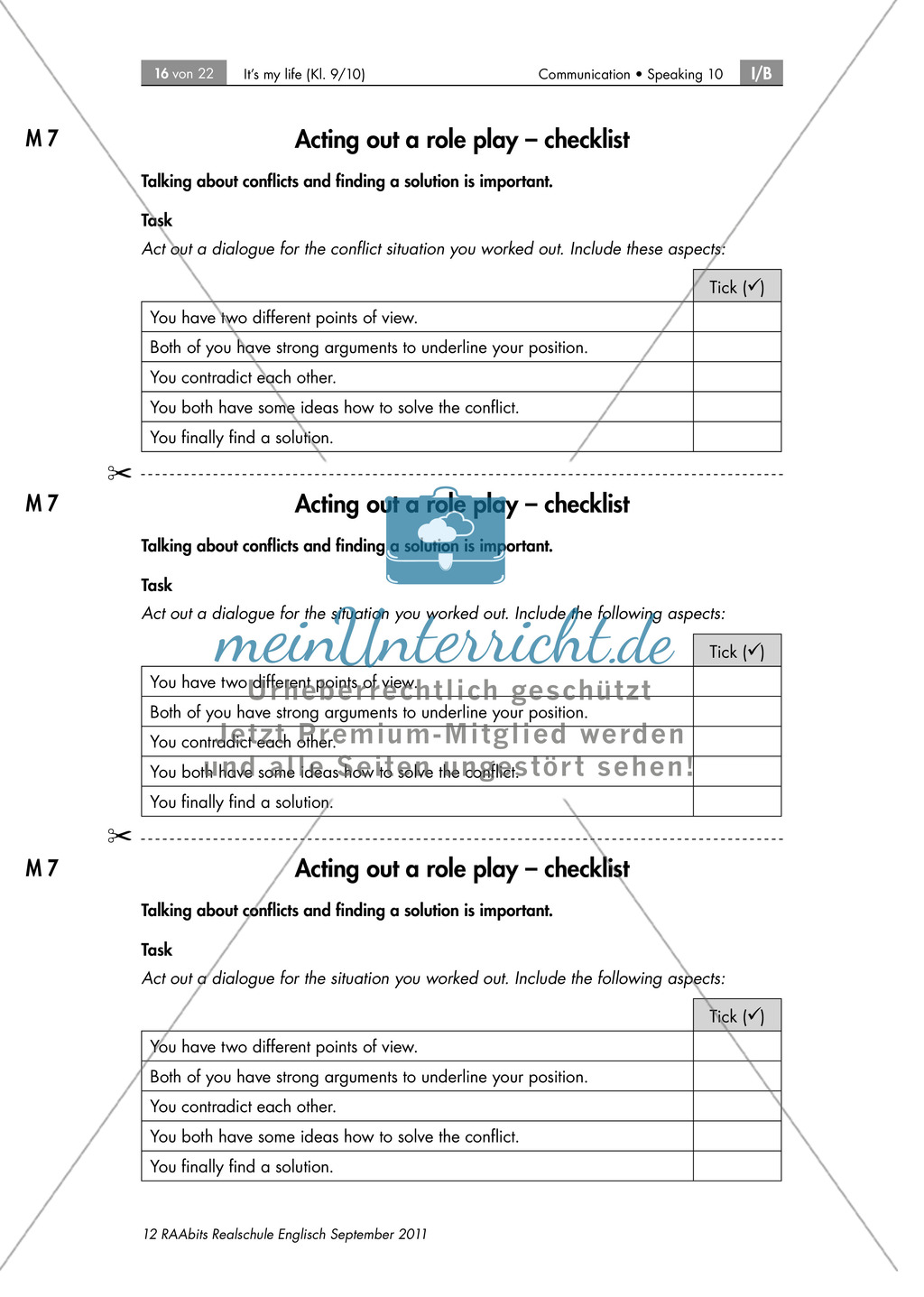 Rollenspiel zum Thema Konfliktlösungsgespräch zwischen Jugendlichem und Eltern(teil), enthält Checklist für das Rollenspiel und Feedback Sheets Preview 1