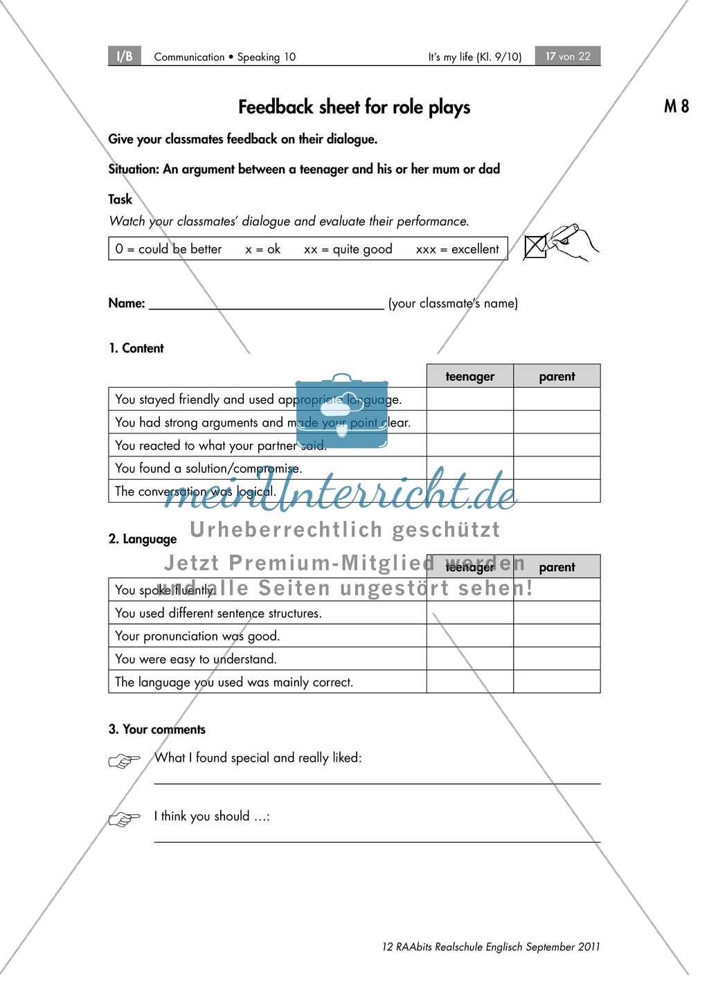 Rollenspiel zum Thema Konfliktlösungsgespräch zwischen Jugendlichem und Eltern(teil), enthält Checklist für das Rollenspiel und Feedback Sheets Preview 2