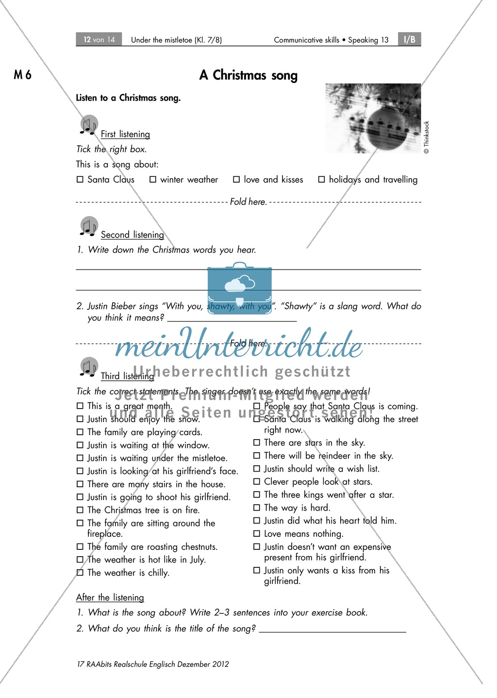 Kisses under the mistletoe: Bilderrätsel zur Wiederholung von Fragestellungen sowie Weihnachtslied zum Anwenden und Verstehen von Weihnachtsvokabular. Mit didaktischen Anmerkungen und Erwartungshorizont. Preview 2