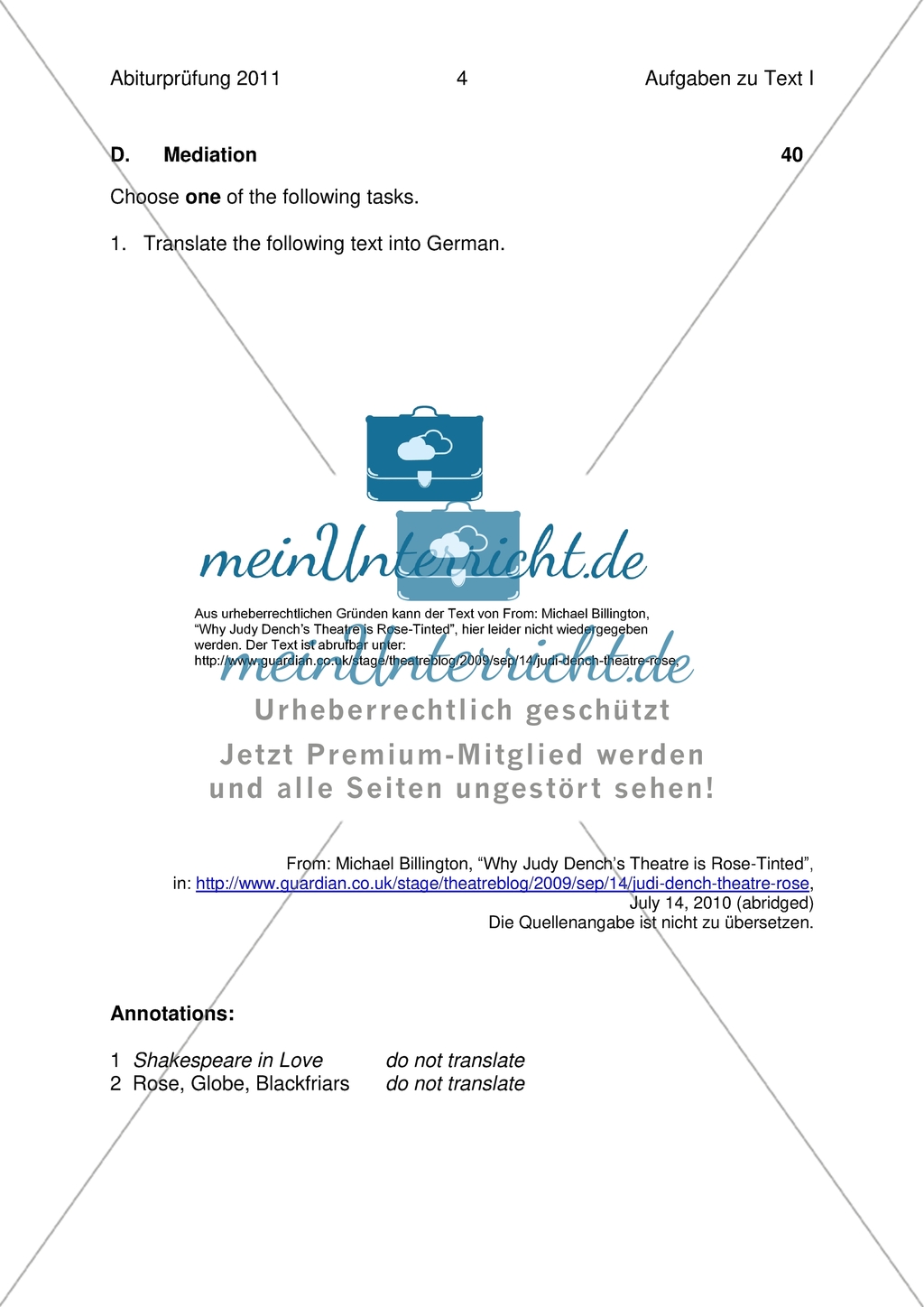 Abiturprüfung 2011 - Textaufgabe II + Aufgabenteil Preview 1