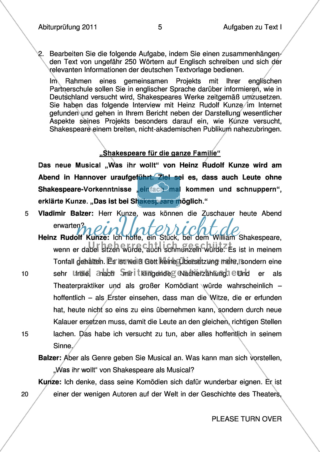 Abiturprüfung 2011 - Textaufgabe II + Aufgabenteil Preview 2