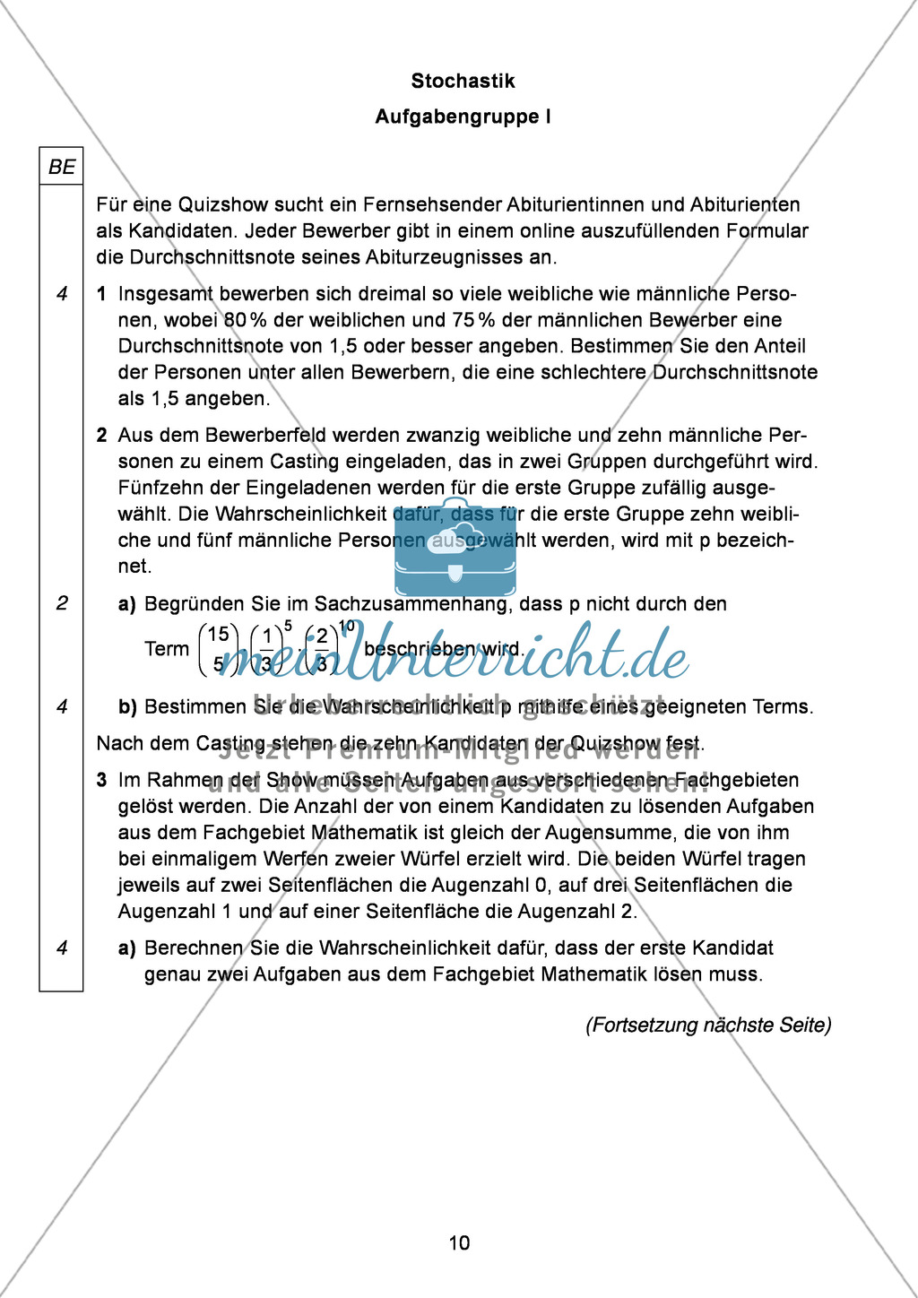 Abituraufgaben Bayern 2012 für Mathematik: Aufgabe zum Thema Stochastik - Aufgabengruppe I Preview 1