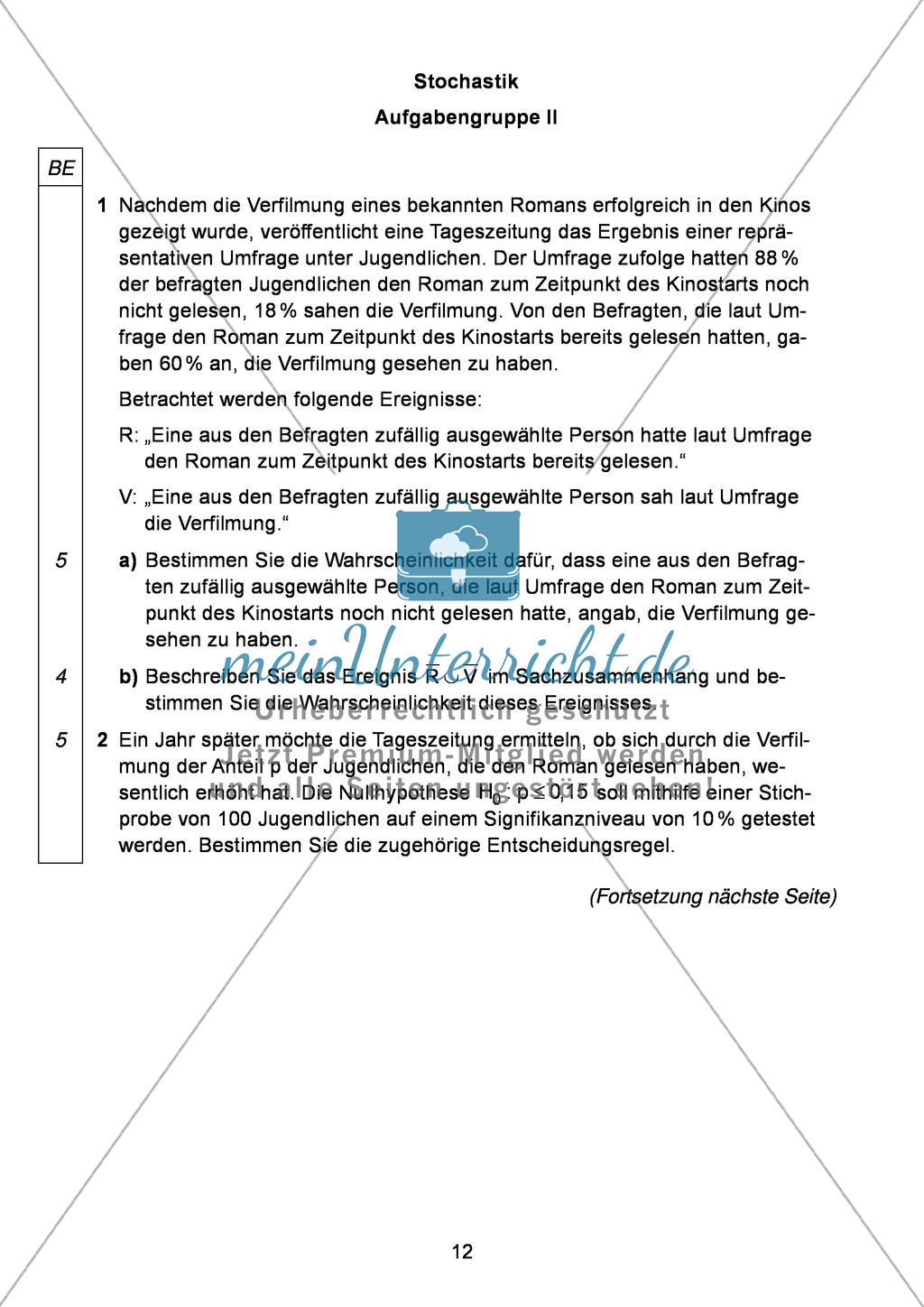 Abituraufgaben Bayern 2012 für Mathematik: Aufgabe zum Thema Stochastik - Aufgabengruppe II Preview 1