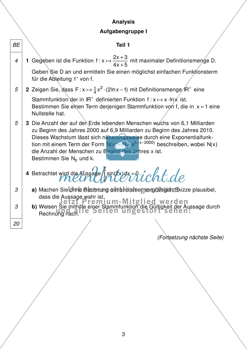Abituraufgaben Bayern 2011: Aufgaben zum Thema Analysis - Aufgabengruppe I Preview 1