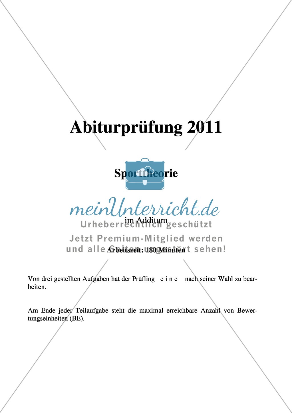 Abituraufgaben Bayern 2011: Sportbiologie/Trainingslehre und Bewegungslehre Psychologische, soziale und gesellschaftspolitische Bedeutung des Sports. Preview 1