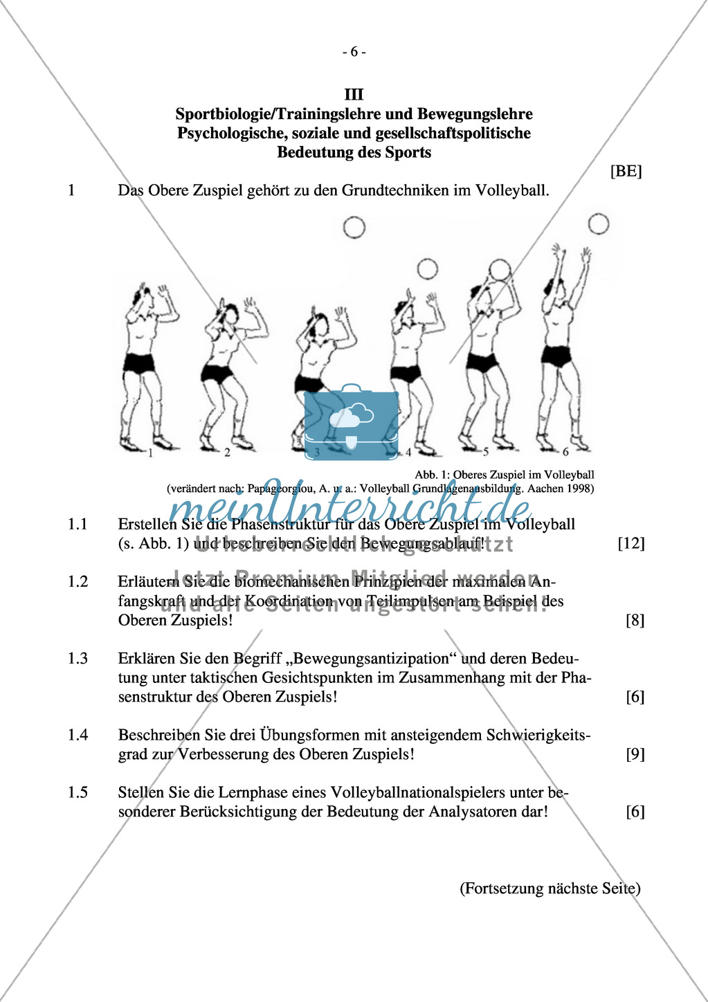Abituraufgaben Bayern 2011: Aufgaben zum Thema Volleyball und im Besonderen zur Technik des Oberen Zuspiels. Preview 1