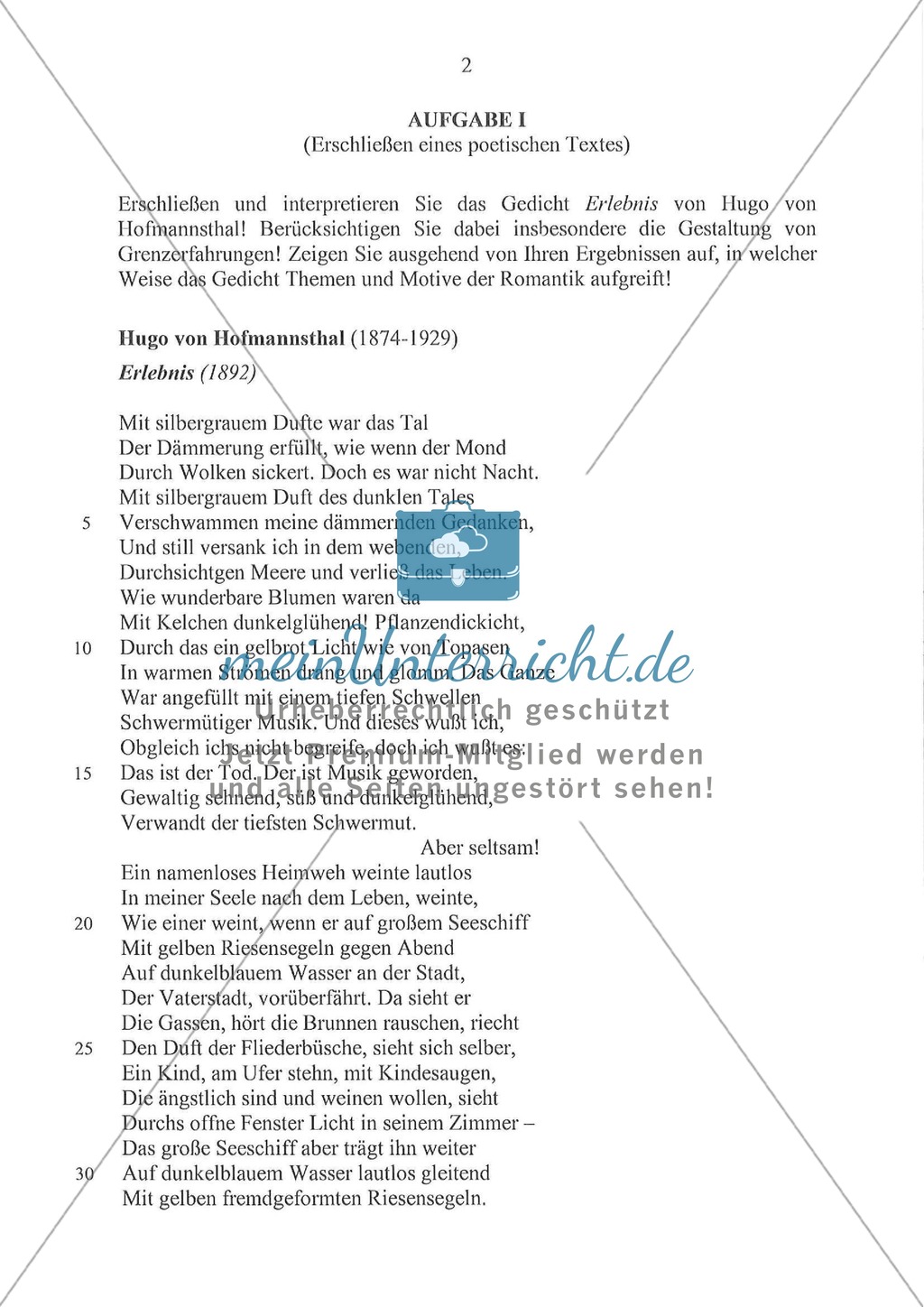 Abituraufgaben Bayern 2011: Aufgabe I - Erschließen und Interpretieren des Gedichts