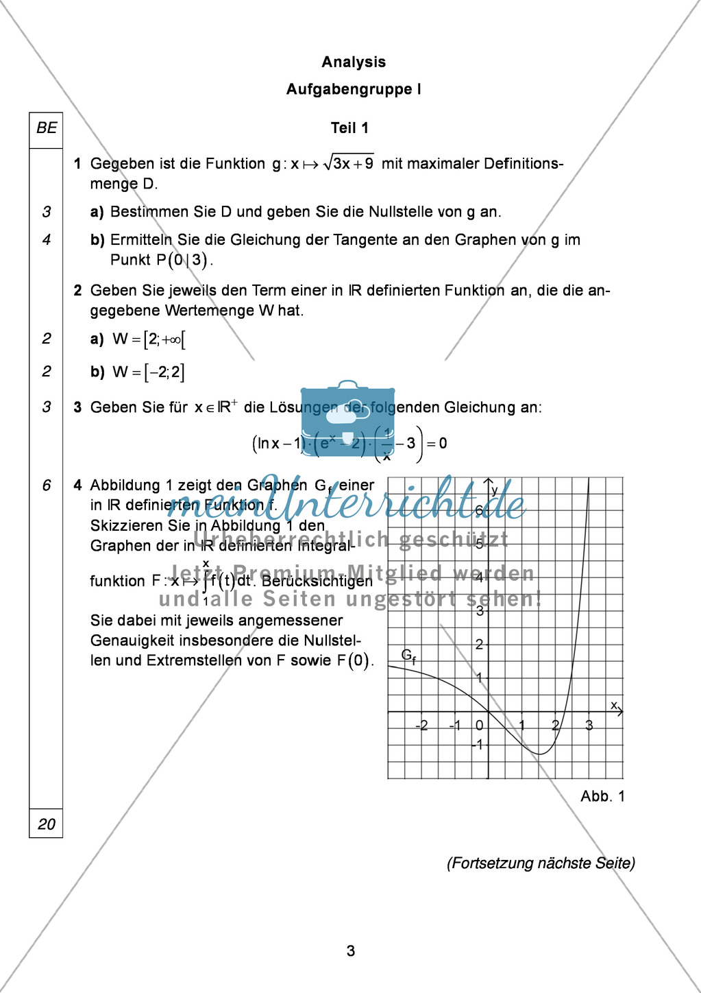 Abituraufgaben Bayern 2013 für Mathematik: Aufgabe zum Thema Analysis - Aufgabengruppe I Preview 1