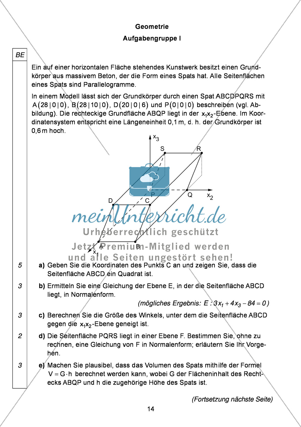 Abituraufgaben Bayern 2013 für Mathematik: Aufgabe zum Thema Geometrie - Aufgabengruppe I Preview 1