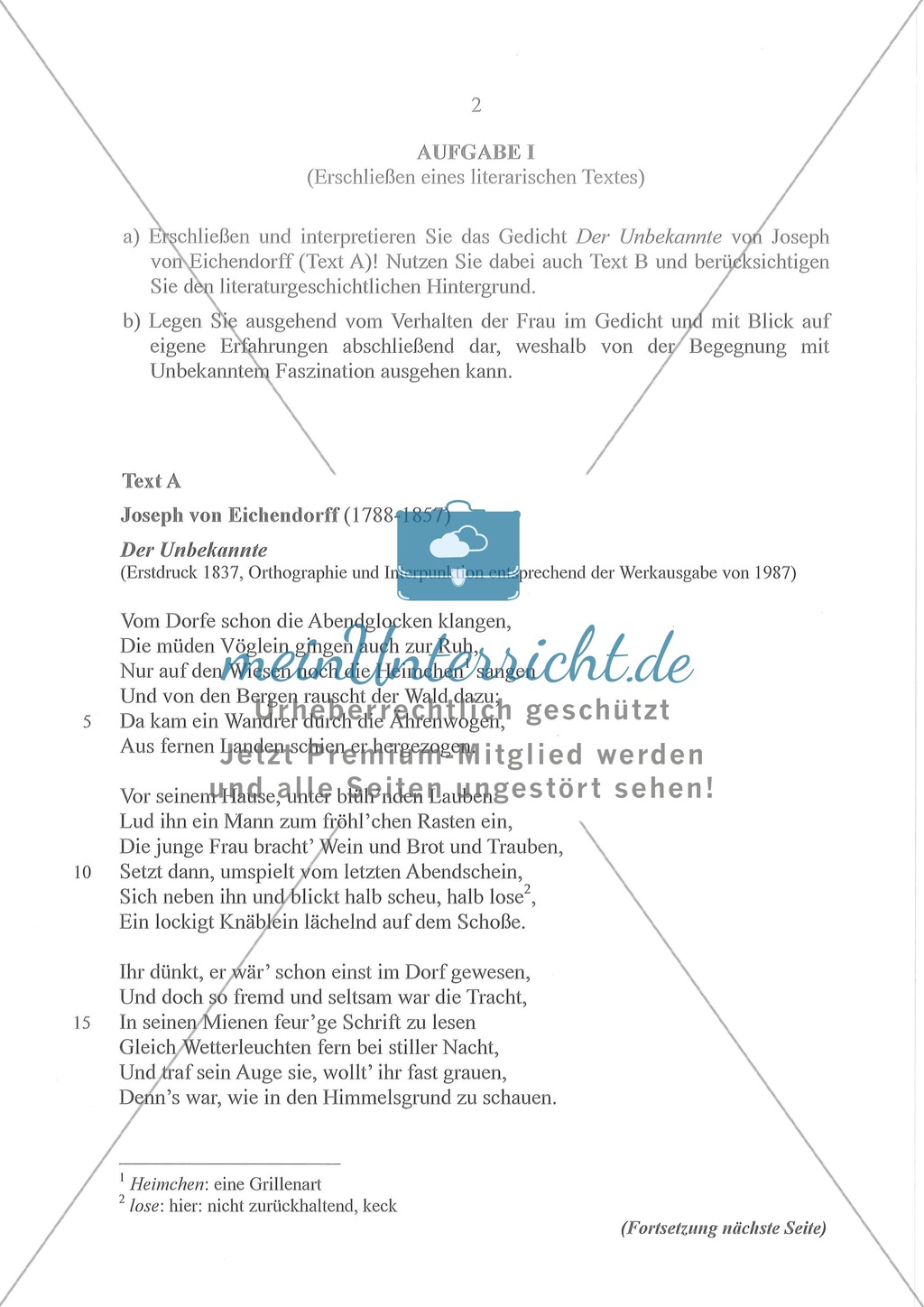 Abituraufgaben Bayern 2011: Aufgabe I - Erschließen eines literarischen Textes Preview 1
