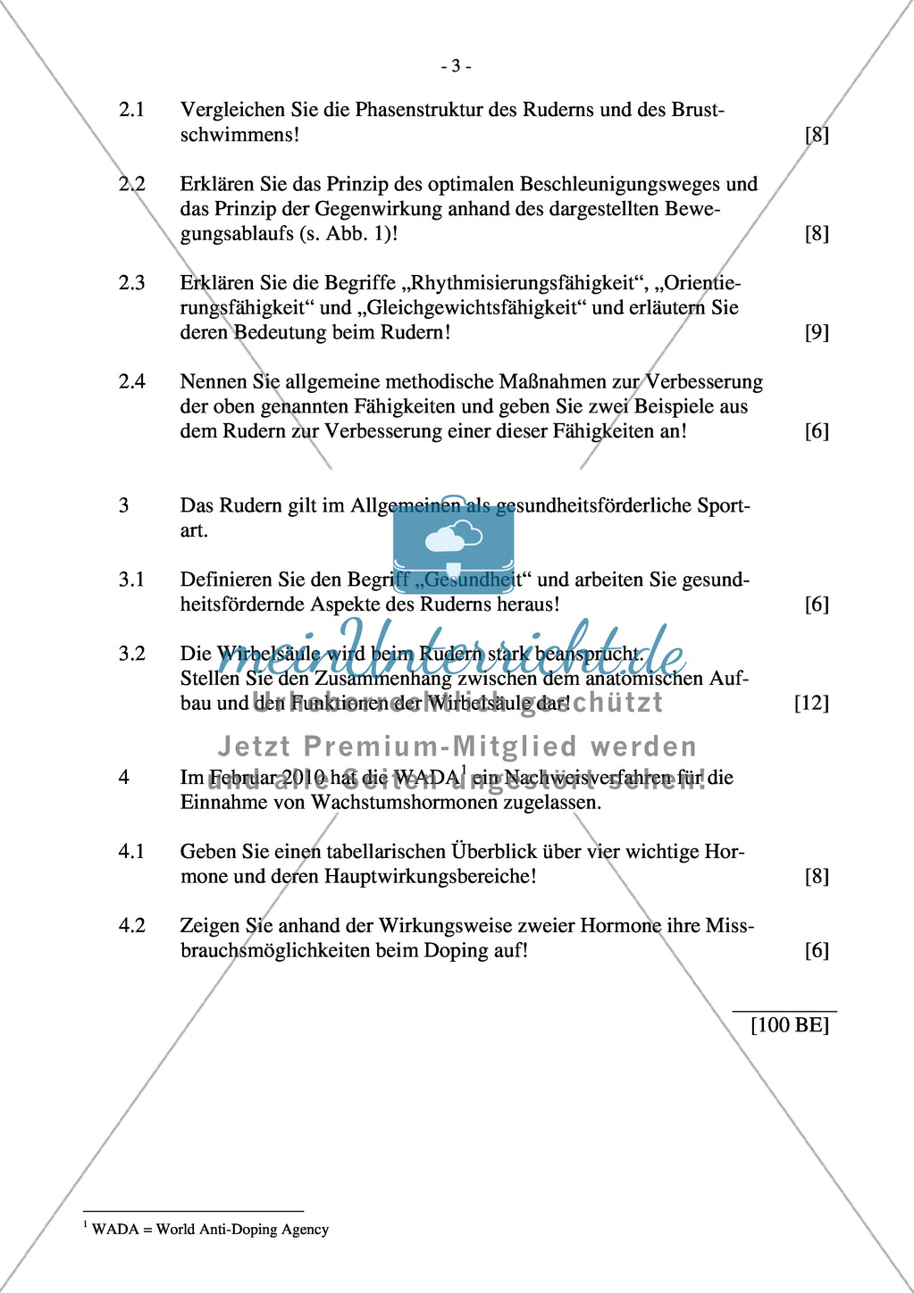 Abituraufgaben Bayern 2012: Sportbiologie, Trainingslehre und Bewegungslehre Psychologische, soziale und gesellschaftspolitische Aspekte des Sports. Preview 3