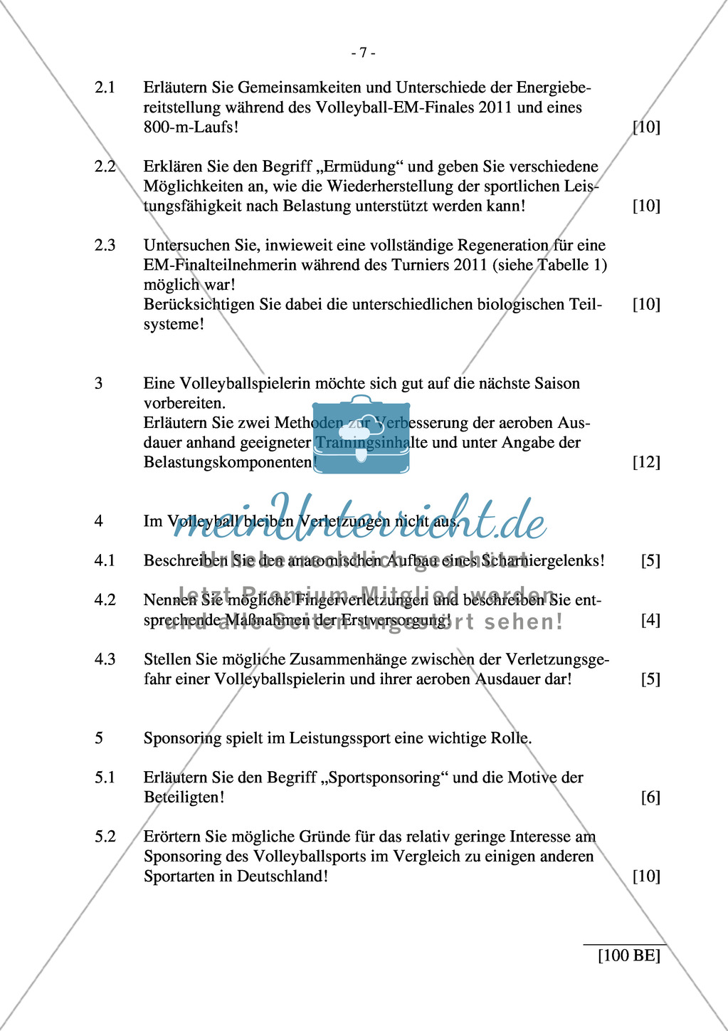 Abituraufgaben Bayern 2012: Sportbiologie, Trainingslehre und Bewegungslehre Psychologische, soziale und gesellschaftspolitische Aspekte des Sports. Preview 7