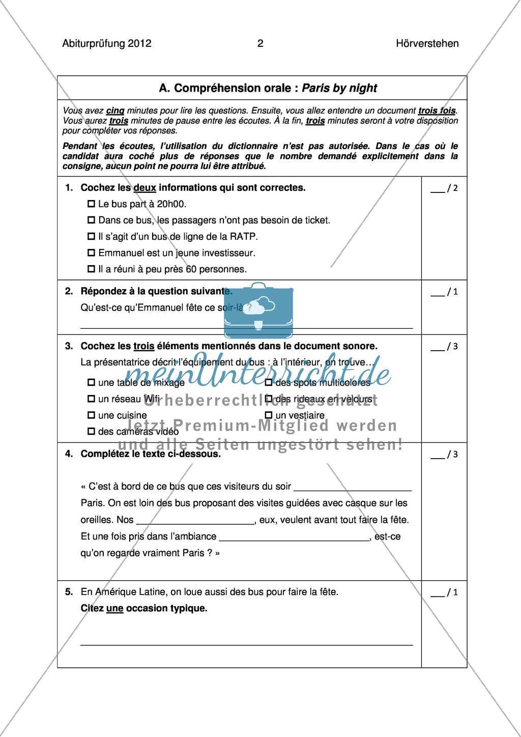 Abituraufgaben Bayern 2012: Französisch - Prüfungsteil Hörverstehen zum Thema