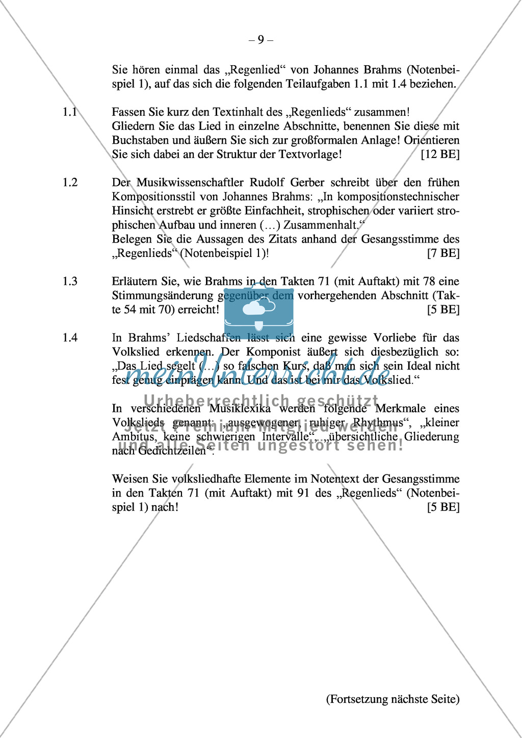 Abituraufgaben Bayern 2011: Erschließung musikal. Parameter des romantischen Lieds anhand von Brahms Liedern. Mit Textauszügen. Preview 2