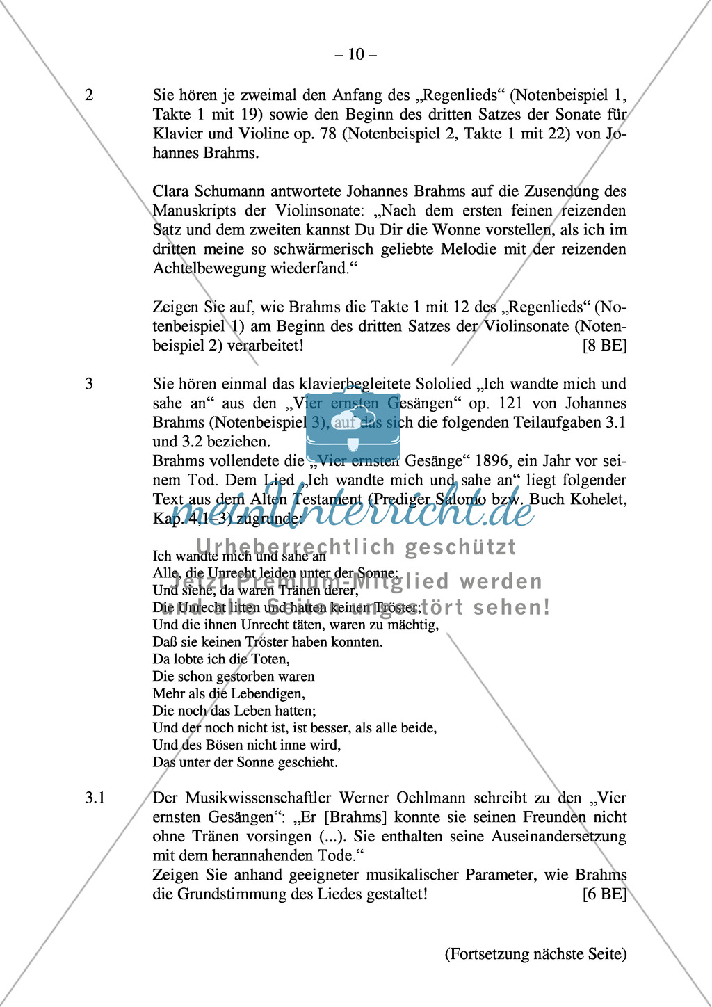 Abituraufgaben Bayern 2011: Erschließung musikal. Parameter des romantischen Lieds anhand von Brahms Liedern. Mit Textauszügen. Preview 3
