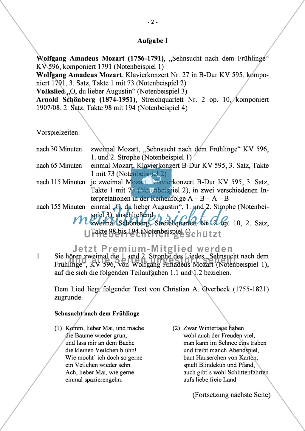 Abituraufgaben Bayern 2013: Vergleichende Analyse des Volkslieds in Wiener Klassik und Neuer Musik anhand von W.A. Mozart (1791) und A. Schönberg (1908). Mit Textauszügen und Harmonisierungsaufgabe. Preview 1