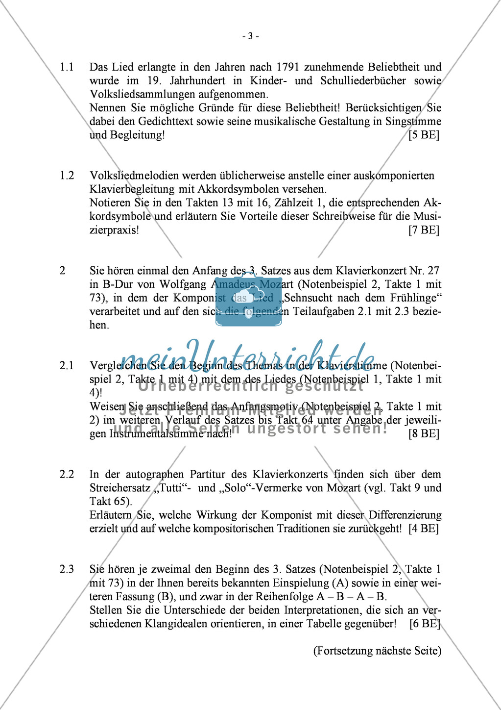 Abituraufgaben Bayern 2013: Vergleichende Analyse des Volkslieds in Wiener Klassik und Neuer Musik anhand von W.A. Mozart (1791) und A. Schönberg (1908). Mit Textauszügen und Harmonisierungsaufgabe. Preview 2