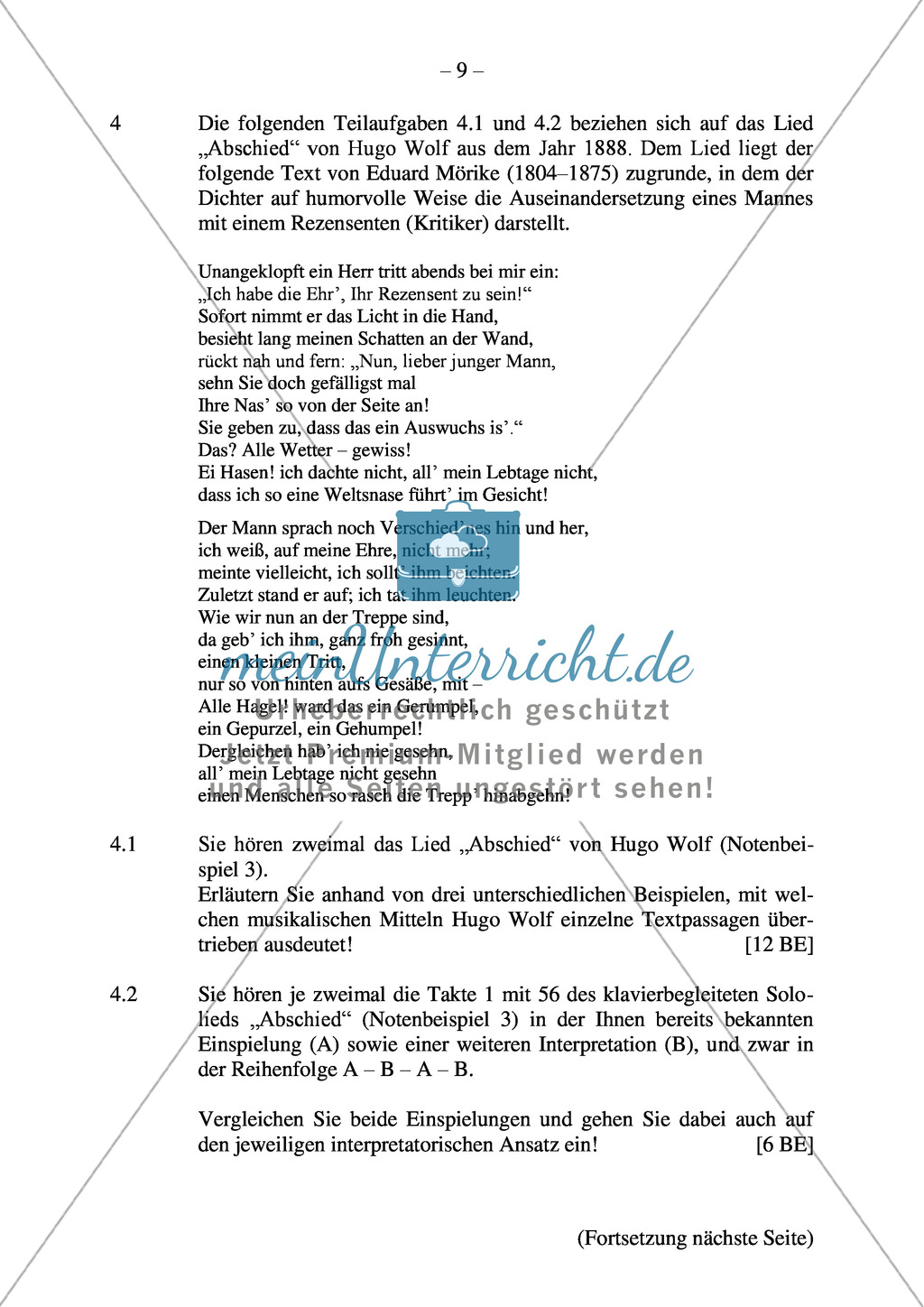 Abituraufgaben Bayern 2012: Vergleich des musikal. Ausdrucks in Wiener Klassik und Romantik, Analyse unterschiedlicher Vertonungen des