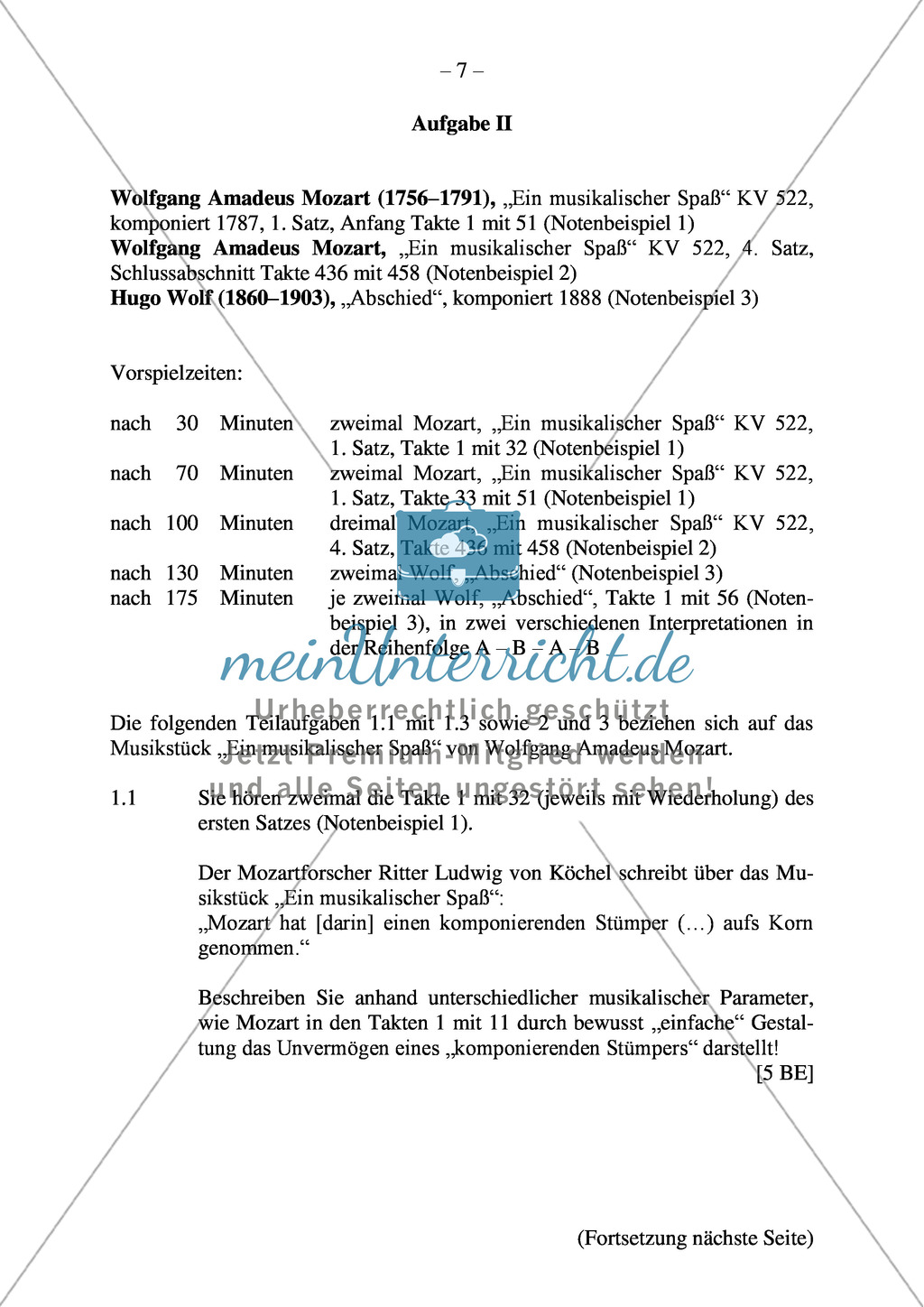 Abituraufgaben Bayern 2012: Vergleichende Analyse des musikalischen Ausdrucks in Wiener Klassik und Romantik anhand von Werken von Mozart und Wolf. Mit harmonischer Analyseaufgabe und Textauszügen. Preview 1