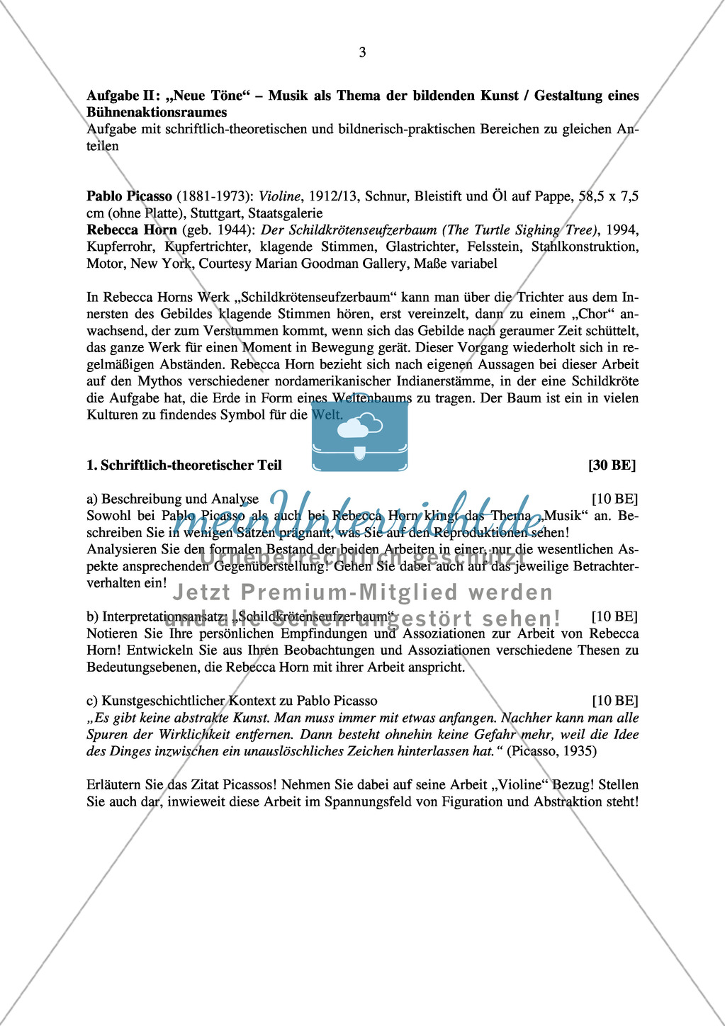 Abituraufgaben Bayern 2011: Anleitung zum Bau einer dreidimensionalen Modellskizze, Zeichnen verschiedener Gesamtmodelle mit schriftlichen Aufgaben; Beschreibung und Analyse von Picassos
