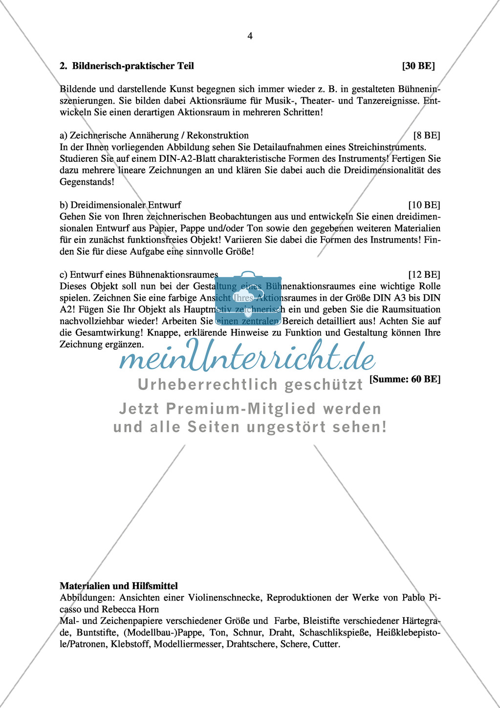 Abituraufgaben Bayern 2011: Anleitung zum Bau einer dreidimensionalen Modellskizze, Zeichnen verschiedener Gesamtmodelle mit schriftlichen Aufgaben; Beschreibung und Analyse von Picassos