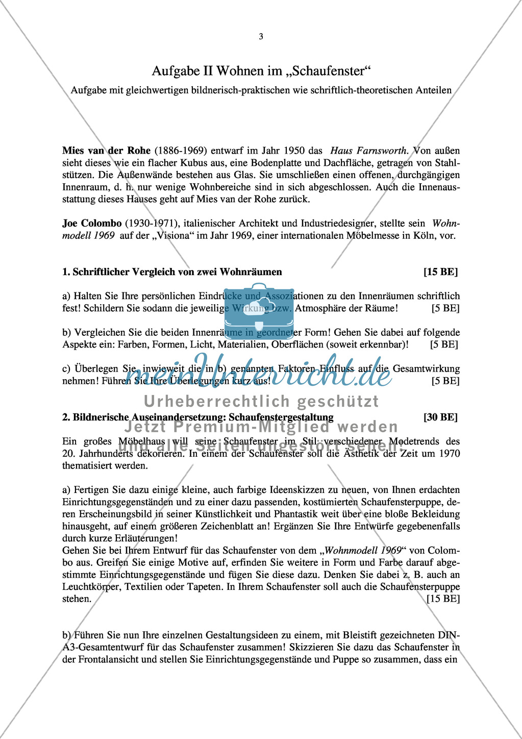 Abituraufgabe Bayern 2012: Vergleich und Interpretation zweier Innenräume (Mies van der Rohe, Joe Colombo) und Anleitung zum Entwurf einer