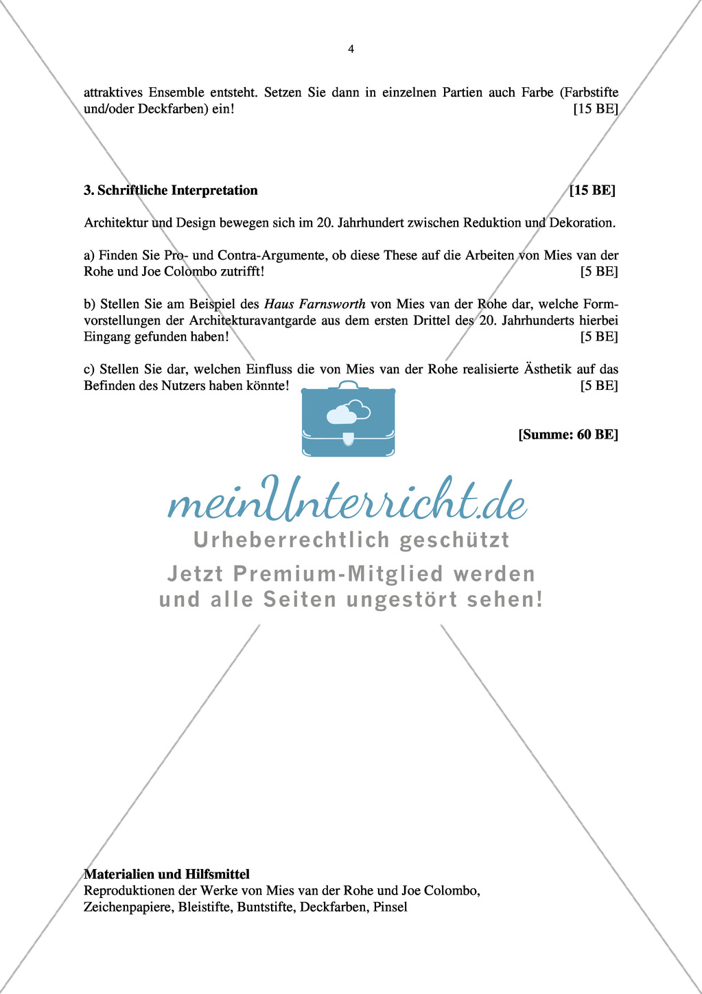 Abituraufgabe Bayern 2012: Vergleich und Interpretation zweier Innenräume (Mies van der Rohe, Joe Colombo) und Anleitung zum Entwurf einer