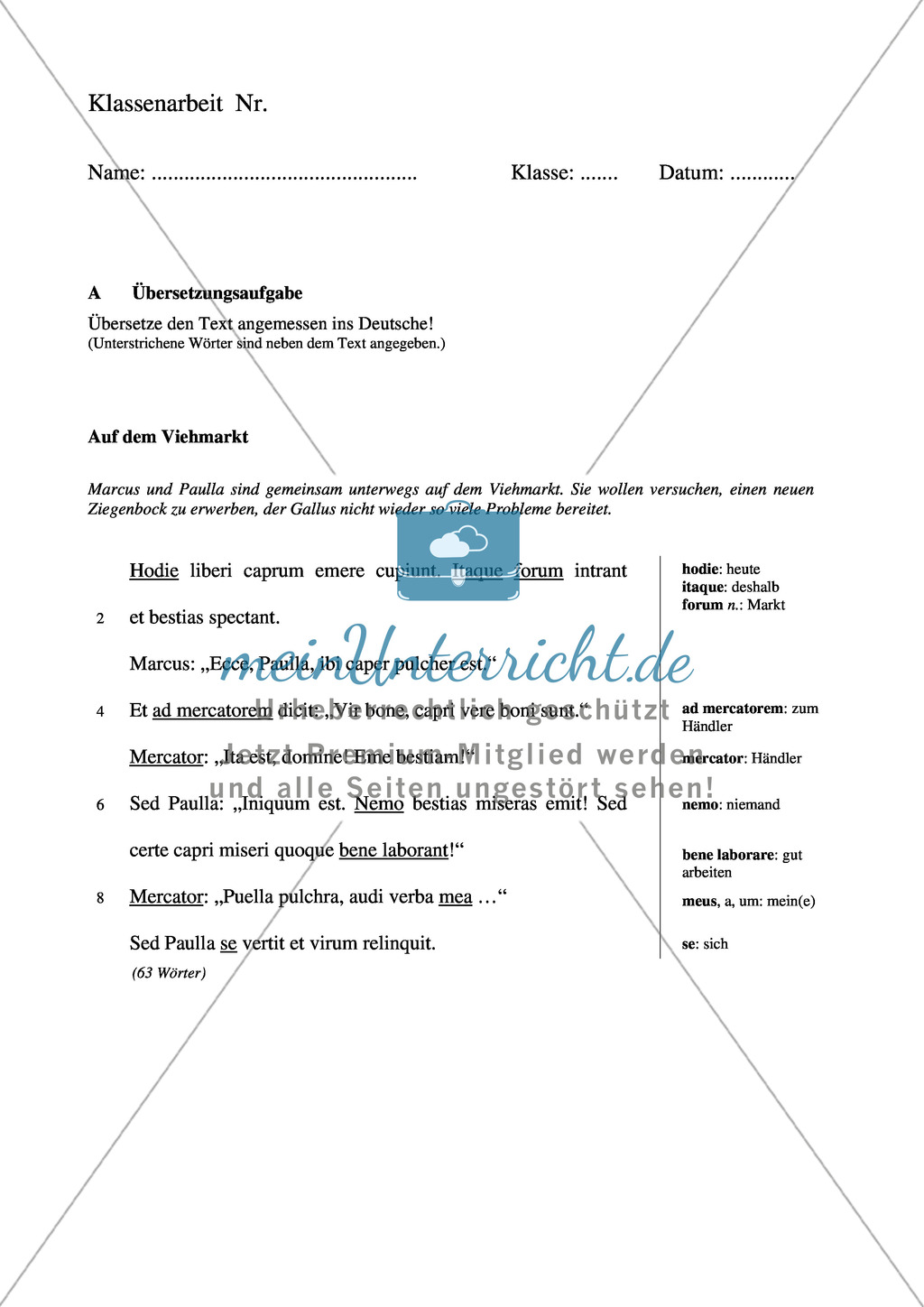 Klausurvorlage: Übersetzung über einen Besuch auf dem Viehmarkt. Mit Text + Übungen Preview 1