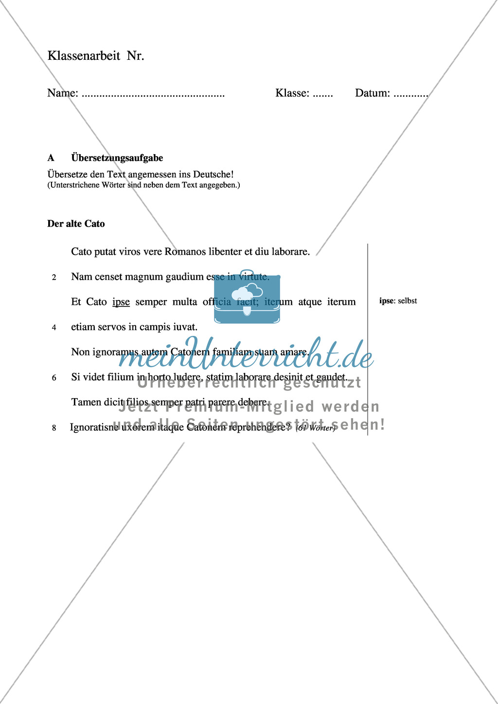 Klausurvorlage: Übersetzung zum Thema
