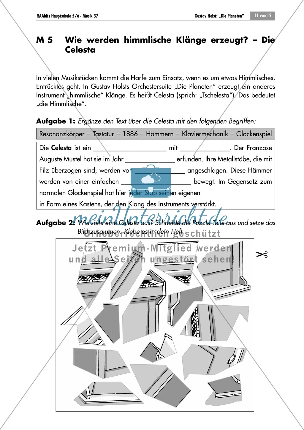 Lückentext und Puzzle zur Celesta und ihrem himmlischen Klang in Gustav Holsts
