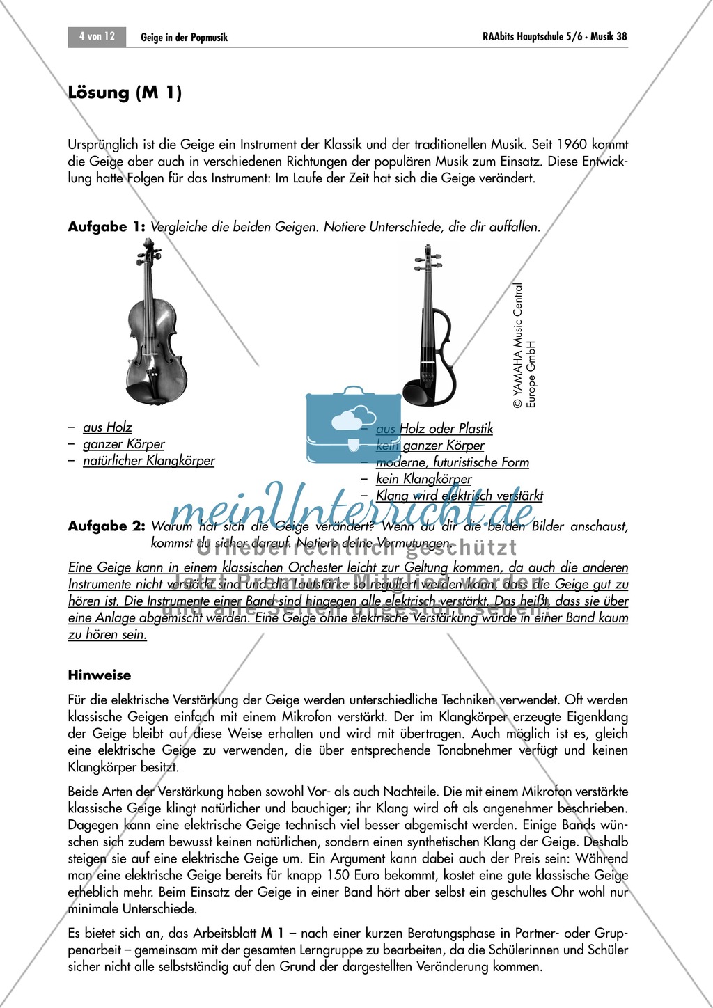 Einsatz und Wirkung der Geige in Klassik und Popmusik. Mit Arbeitsblatt und didaktischen Erläuterungen. Preview 2