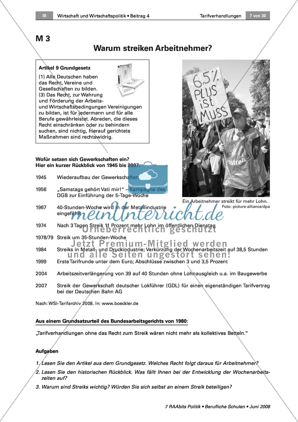 Was ist ein Streik und ist er immer zulässig? Arbeitsmaterial mit Erläuterungen Preview 1