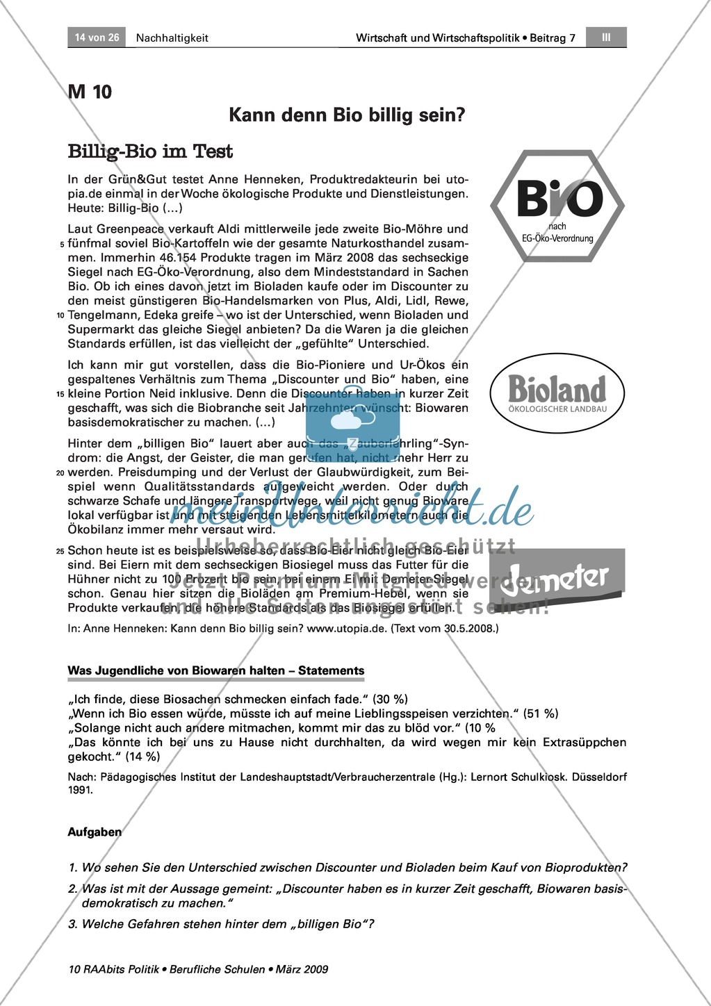 Besser Bio oder besser billig? Die Nachfrage nach Bioprodukten: Arbeitsmaterial mit Erläuterungen Preview 3